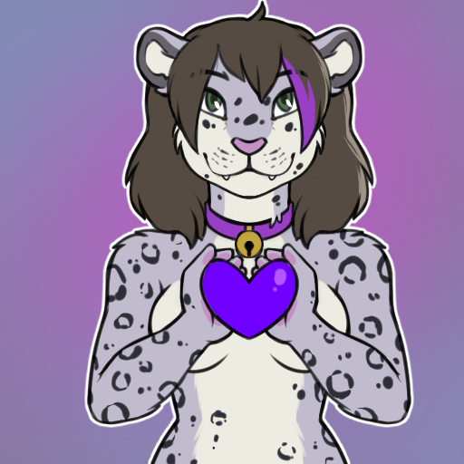 anthro bell breasts brown_hair collar eyebrows female fluffy green_eyes hair heart_symbol highlights_(coloring) purple_background purple_heart simple_background single_stripe solo rin_(kittyrin) felid mammal pantherine snow_leopard 1:1