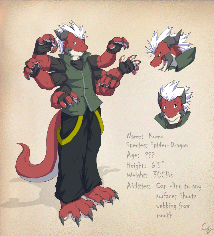 6_arms claws clothing green_eyes hair horn male multi_arm multi_limb solo tail white_hair spidersnax_(artist) mythology kumo_(cyber_zai) arachnid arthropod dragon hybrid mythological_creature mythological_scalie scalie spider