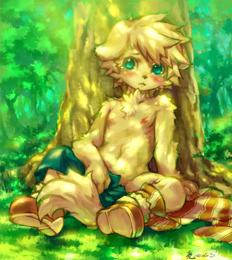 anthro biped blush bodily_fluids boots chest_tuft clothing day footwear front_view fur grass green_eyes looking_at_viewer male mostly_nude nipples outside plant shoes sitting solo tears tree tuft young young_anthro young_male jeacn bandai_namco summon_night summon_night_3 panashe_(summon_night) canid canine canis domestic_dog mammal 2008