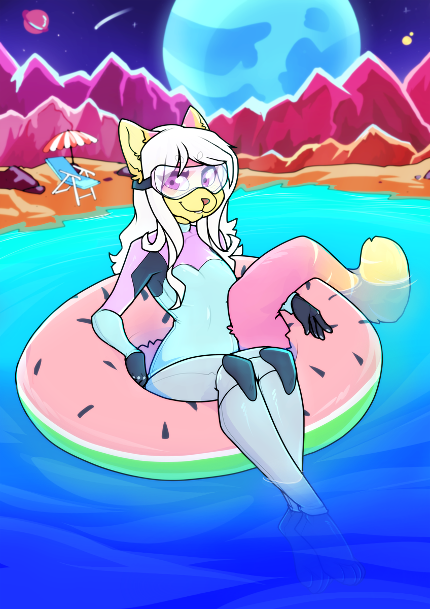 alternative_fashion anthro beach_umbrella biped blue_clothing blue_swimwear clothed clothing cyberpop detailed_background eyewear feet female foot_in_water fur goggles hair hindpaw inflatable inner_tube j-fashion long_hair parasol partially_submerged paws pink_body pink_fur planet purple_eyes ringed_planet science_fiction sitting solo swimwear water white_hair yellow_body yellow_fur zyira megan_hilbert domestic_cat felid feline felis mammal 2020 colorful_theme digital_media_(artwork) hi_res shaded