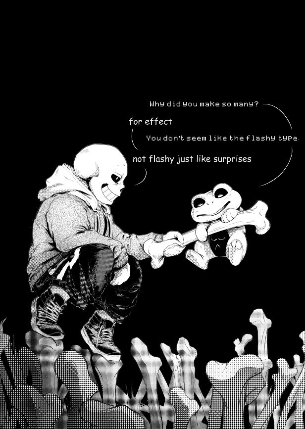 bone dialogue duo skeleton text jazzycat undertale undertale_(series) sans_(undertale) amphibian animated_skeleton froggit undead english_text monochrome