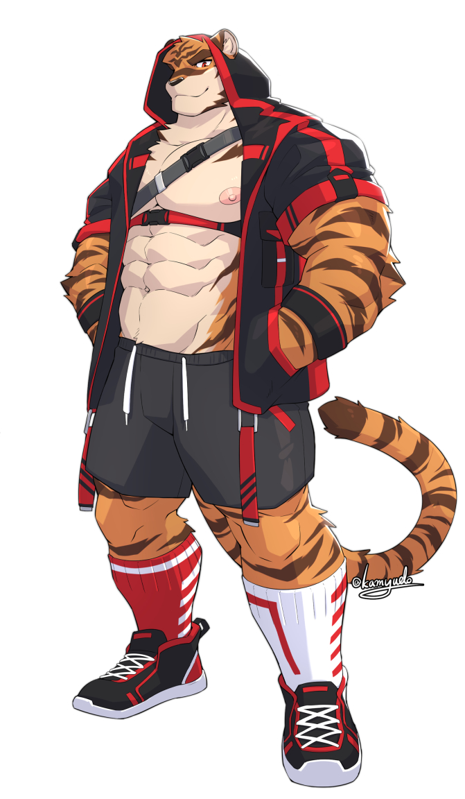 abs anthro bottomwear clothed clothing fur hoodie legwear male muscular muscular_anthro muscular_male nipples open_clothing open_hoodie open_topwear pecs simple_background solo stripes topwear kamyuelo felid mammal pantherine tiger 2021