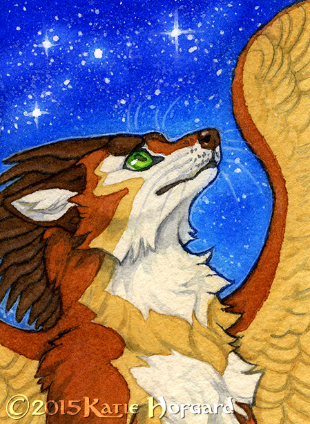 ambiguous_gender brown_body brown_feathers brown_nose feathered_wings feathers feral green_eyes solo wings katie_hofgard nym_(katie_hofgard) alecani avian canid canine hybrid mammal 2015 traditional_media_(artwork)