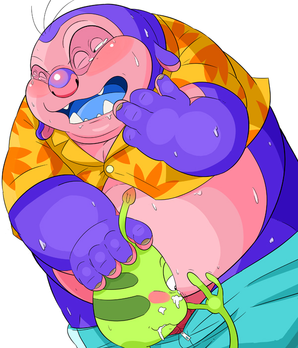 anthro balls blush bodily_fluids clothing cum cum_on_face duo eyes_closed genital_fluids genitals green_body hand_on_head humanoid_hands kemono male overweight overweight_male penis shirt simple_background sweat topwear white_background norataro disney lilo_and_stitch jumba_jookiba wendy_pleakley alien kweltikwan plorgonarian 2011