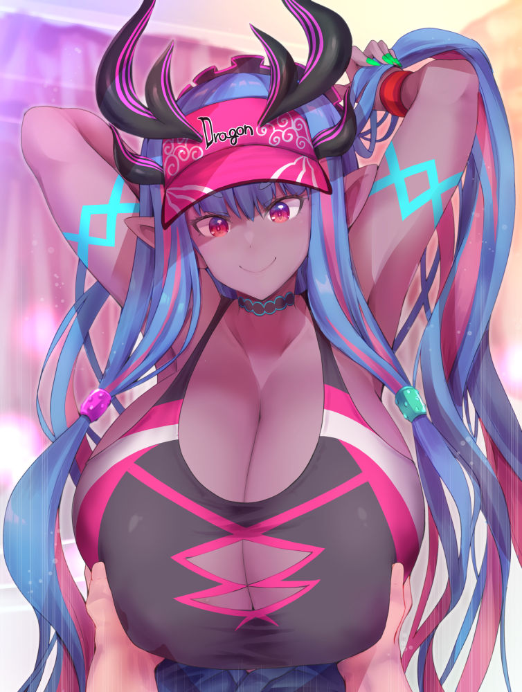 ambiguous_gender big_breasts blue_hair breast_grab breasts clothing duo female female/ambiguous hair hand_on_breast hand_on_head hat headgear headwear horn huge_breasts humanoid_pointy_ears multicolored_hair pink_hair pointy_ears smile solo_focus two_tone_hair asahi asian_mythology east_asian_mythology fate_(series) japanese_mythology mythology type-moon saber_ibuki-douji animal_humanoid demon demon_humanoid dragon dragon_humanoid humanoid mythological_creature mythological_scalie oni scalie yokai