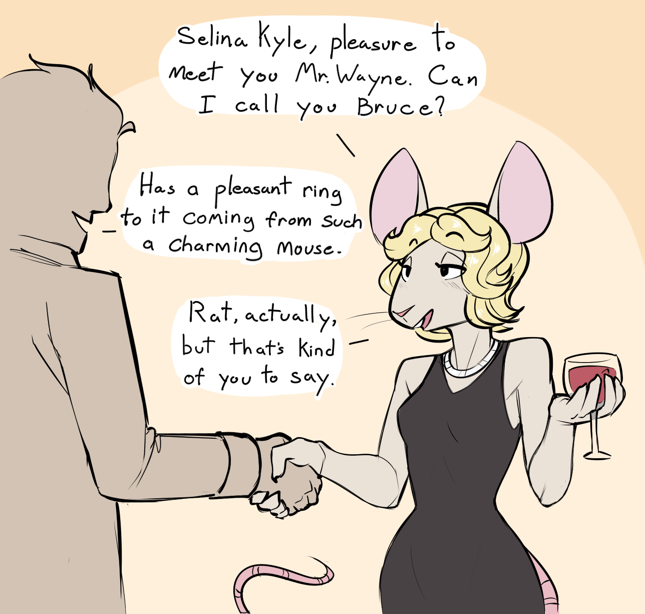 flat-colour art of the Anthro-rat version of Selina Kyle, in a fancy dress and holding a wineglass, introducing herself to Bruce Wayne for the first time