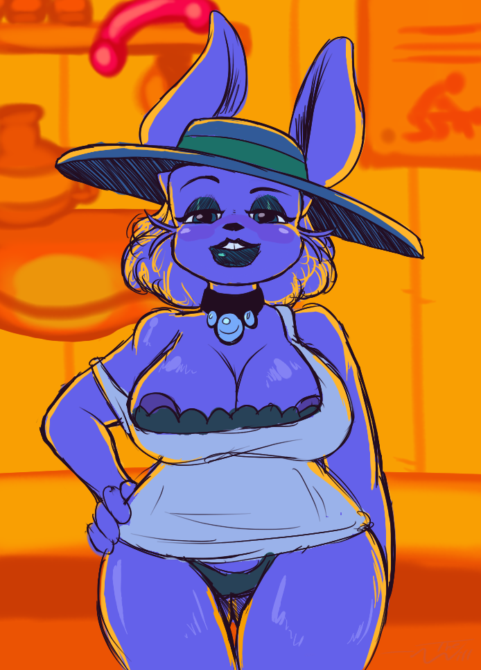 alternate_universe anthro big_breasts blush bra breasts cleavage clothed clothing collar dildo eyeshadow female hat headgear headwear lips looking_at_viewer makeup panties sex_toy solo sun_hat thigh_gap underwear wide_hips thewill under(her)tail undertale undertale_(series) rabbit_shopkeeper lagomorph leporid mammal rabbit digital_media_(artwork)