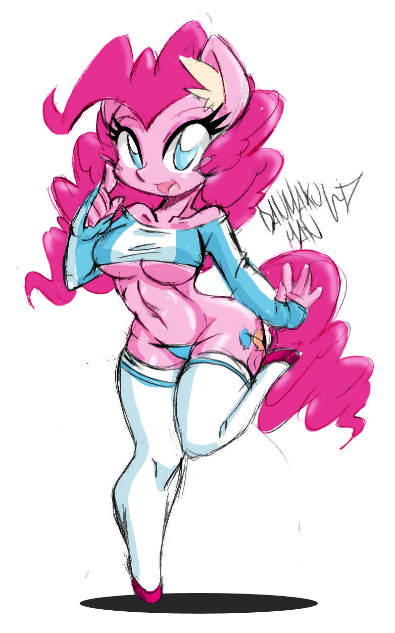 anthro anthrofied blue_eyes blush breasts cleavage clothed clothing female footwear hair legwear looking_at_viewer midriff navel panties pink_hair simple_background skimpy socks solo thigh_highs thong under_boob underwear white_background danmakuman friendship_is_magic hasbro my_little_pony pinkie_pie_(mlp) earth_pony equid equine horse mammal pony 2015 hi_res