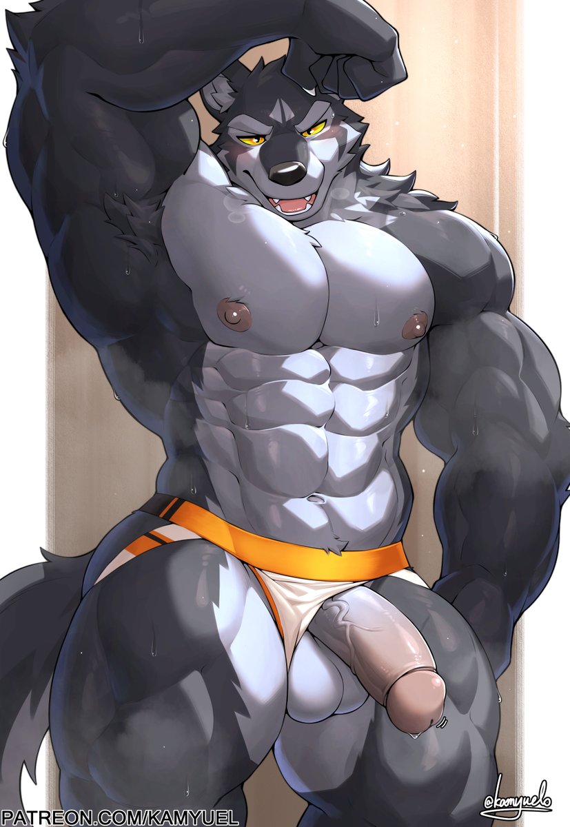 5_fingers abs anthro areola armpit_hair balls barazoku biceps biped black_body black_fur blush bodily_fluids body_hair bulge clothed clothing clothing_aside facial_tuft fingers front_view fur genitals glans grey_body grey_fur half-erect heart_symbol humanoid_genitalia humanoid_hands humanoid_penis jockstrap jockstrap_aside jockstrap_only looking_at_viewer low-angle_view male muscular muscular_anthro muscular_male muscular_thighs navel nipples open_mouth pecs penis penis_poking_out presenting presenting_penis solo standing sweat tail text thick_thighs topless topless_anthro topless_male tuft underwear underwear_aside underwear_only vein veiny_penis yellow_eyes kamyuelo alex_(kamyuelo) canid canine canis mammal wolf 2023 artist_name colored digital_media_(artwork) hi_res shaded signature