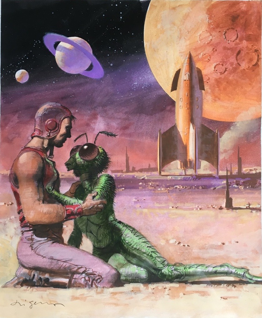 alien_planet ambiguous_gender antennae_(anatomy) aviator_cap big_eyes black_hair boots bottomwear cheek_tuft clothing compound_eyes cuff_(restraint) desert duo facial_tuft fluffy_antennae footwear green_arms green_body green_legs hair hairy_body hairy_legs hand_on_chest holding_arm holding_elbow holding_partner insect_legs looking_at_another looking_at_partner lying male male/ambiguous moon on_side open_mouth pants pink_bottomwear pink_clothing pink_pants planet red_clothing red_shirt red_tank_top red_topwear restraints ringed_planet shirt shoes space spacecraft star tank_top topwear tuft vehicle wrist_cuffs aldo_di_gennaro alien arthropod human humanoid mammal signature traditional_media_(artwork)