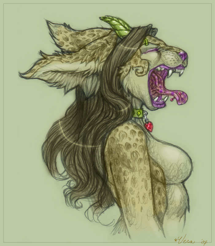 anthro breasts clothed clothing collar eyebrow_piercing facial_piercing female gaping_mouth glamfur horn open_mouth piercing self_portrait side_boob side_view solo tongue tongue_piercing topless yawn vera_(artist) vera_(vera) langurhali