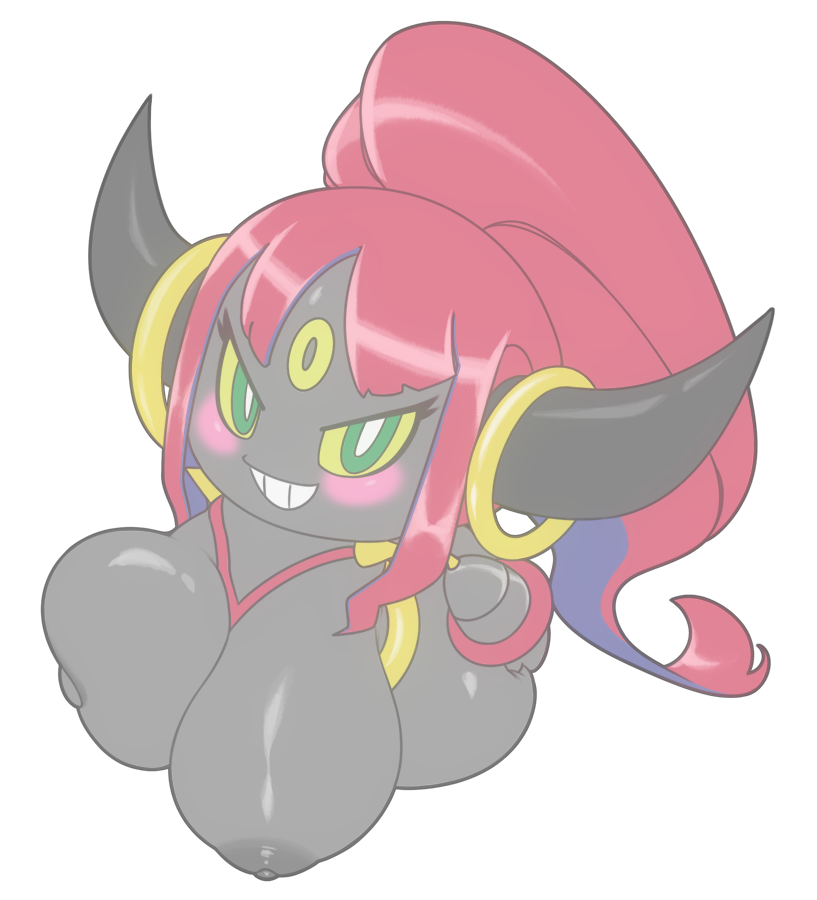 anthro big_breasts blush breasts female hair huge_breasts nipples red_hair simple_background smile solo transparent_background kendalljt nintendo pokemon generation_6_pokemon hoopa hoopa_(confined) legendary_pokemon pokemon_(species) alpha_channel