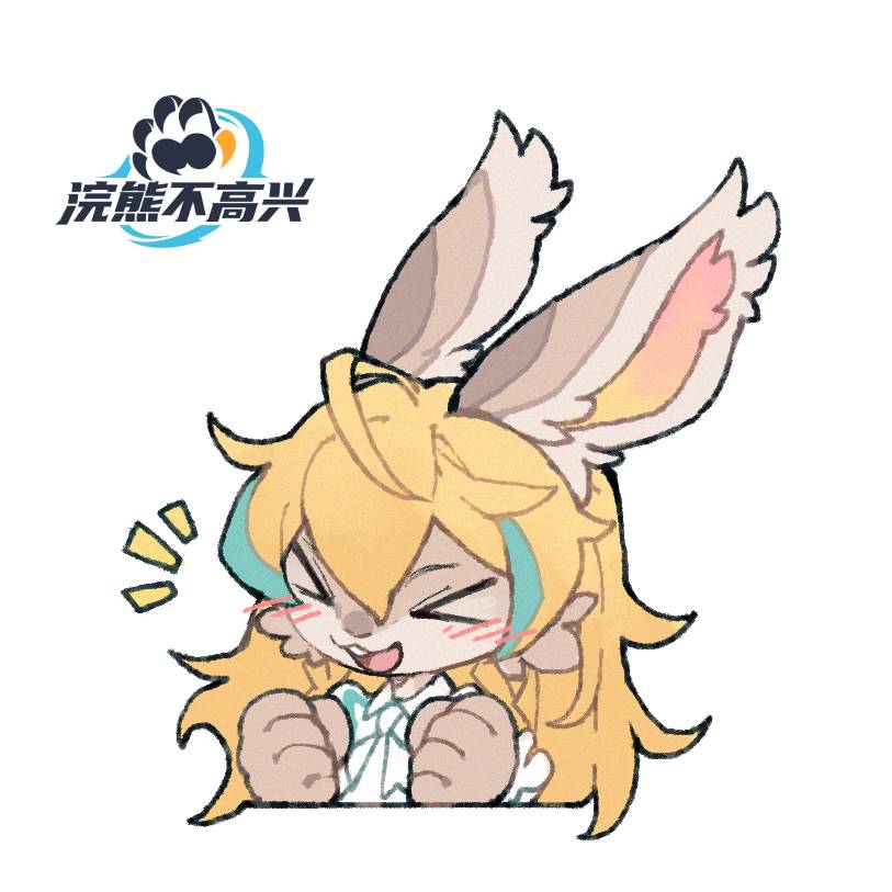 anthro blonde_hair blush clothed clothing eyes_closed female hair simple_background solo white_background tailesi unhappy_raccoon carlotta_(unhappy_raccoon) lagomorph leporid mammal rabbit 1:1 bust_portrait portrait