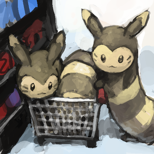 ambiguous_gender duo feral inside supermarket trolley bronzecatworld nintendo pokemon furret generation_2_pokemon pokemon_(species) 1:1 low_res