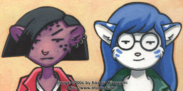 alternate_species anthro black_hair blue_hair clothed clothing duo ear_piercing ear_ring eyewear female fur furrification glasses hair piercing pink_nose purple_body purple_fur ring_piercing white_body white_fur kacey daria_(series) mtv ayukawataur_(character) daria_morgendorffer jane_lane kacey_(kacey) felid feline mammal serval snow_serval 2006 2:1 bust_portrait portrait traditional_media_(artwork)