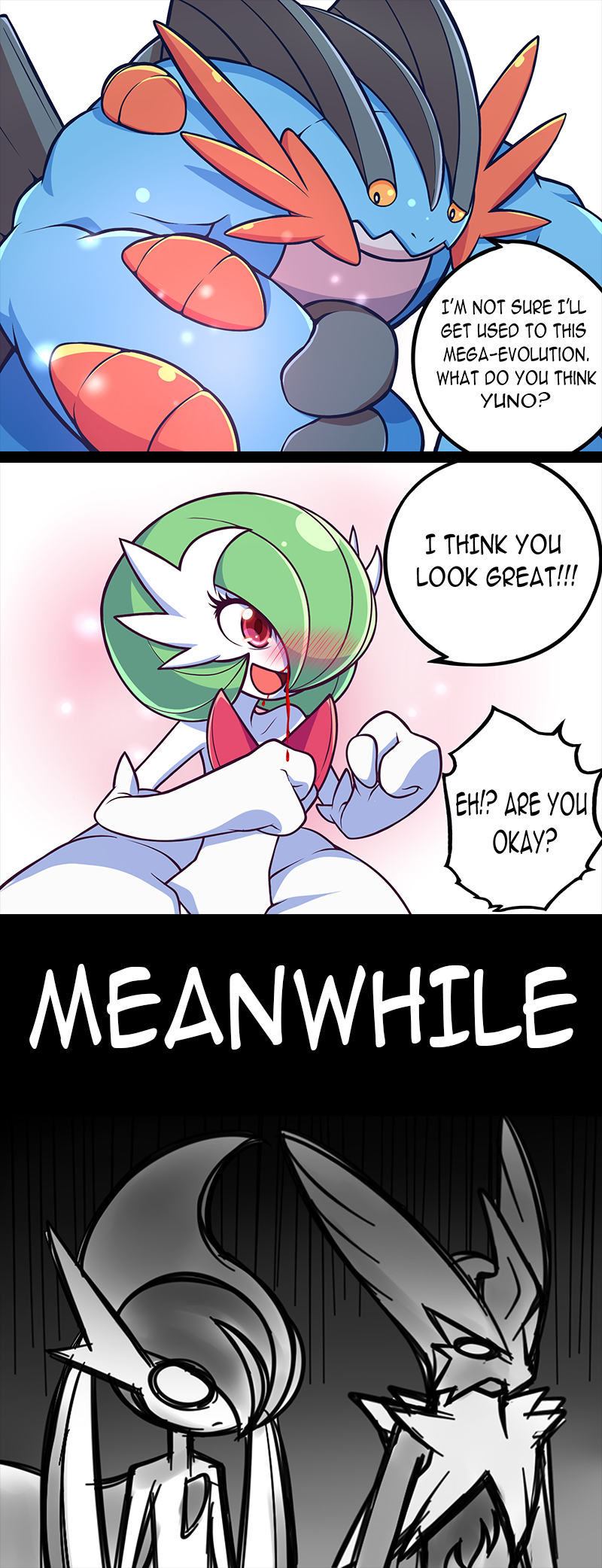 ambiguous_gender anthro blood blood_drip blue_body blush bodily_fluids dialogue dripping duo female glistening glistening_body male nosebleed open_mouth text white_body mgx0 nintendo pokemon "squirtle"_(swampert) yuno_(gardevoir) generation_6_pokemon humanoid mega_blaziken mega_evolution mega_gallade mega_gardevoir mega_swampert pokemon_(species) comic english_text hi_res