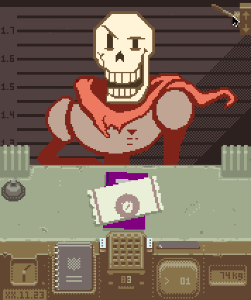 anterior_nasal_aperture armor bell bone book clock clothed clothing document lever metric_unit not_furry number passport skeleton skull solo unit watch sulfurado papers_please undertale undertale_(series) papyrus_(undertale) animated_skeleton humanoid undead crossover digital_media_(artwork) low_res pixel_(artwork)