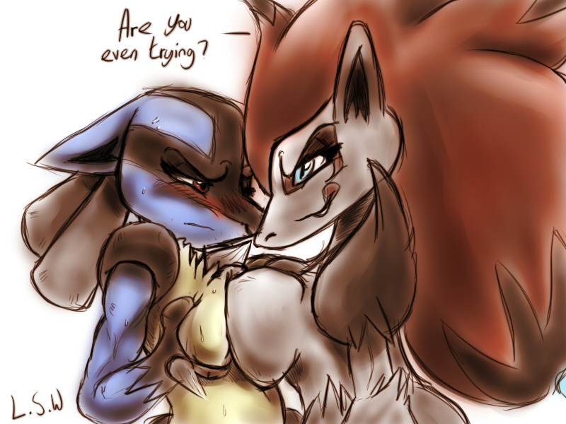 anthro artist_initials blush breast_squish breasts breasts_frottage dialogue duo female female/female fur hair squish teasing titfight lopsidedworld nintendo pokemon generation_4_pokemon generation_5_pokemon lucario pokemon_(species) zoroark 4:3