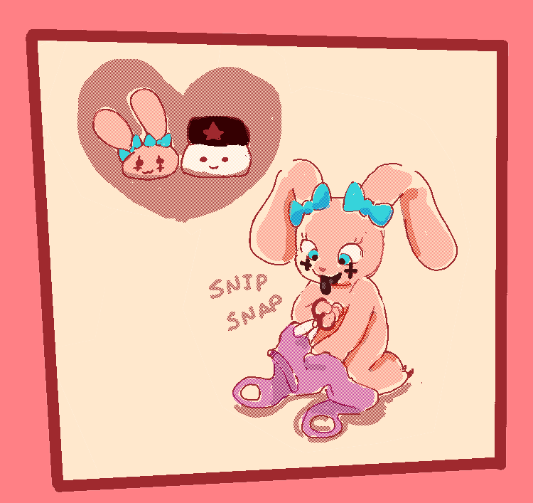 anthro blue_eyes bow_(feature) bow_accessory ear_bow female fur heart_symbol kneeling pink_body pink_fur plushie simple_background smile solo dogma satanas_bunny lagomorph leporid mammal rabbit 2018 digital_media_(artwork)