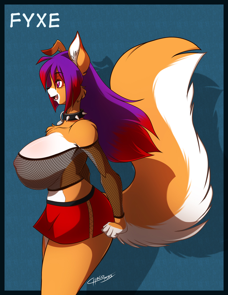 alternative_fashion anthro big_breasts bottomwear breasts clothed clothing collar female fishnet_clothing huge_breasts iron_spine miniskirt shirt skimpy skirt solo spiked_collar spikes tail topwear translucent translucent_clothing chalo fyxe canid canine fox mammal