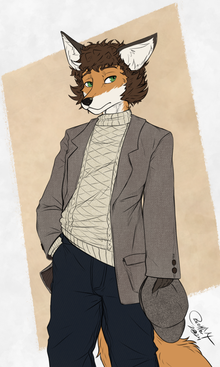 anthro bottomwear brown_hair clothing coat curled_hair denim denim_bottomwear denim_clothing fur green_eyes hair jeans male orange_body orange_fur pants simple_background solo sweater topwear blokfort canid canine fox mammal 2024 hi_res portrait three-quarter_portrait