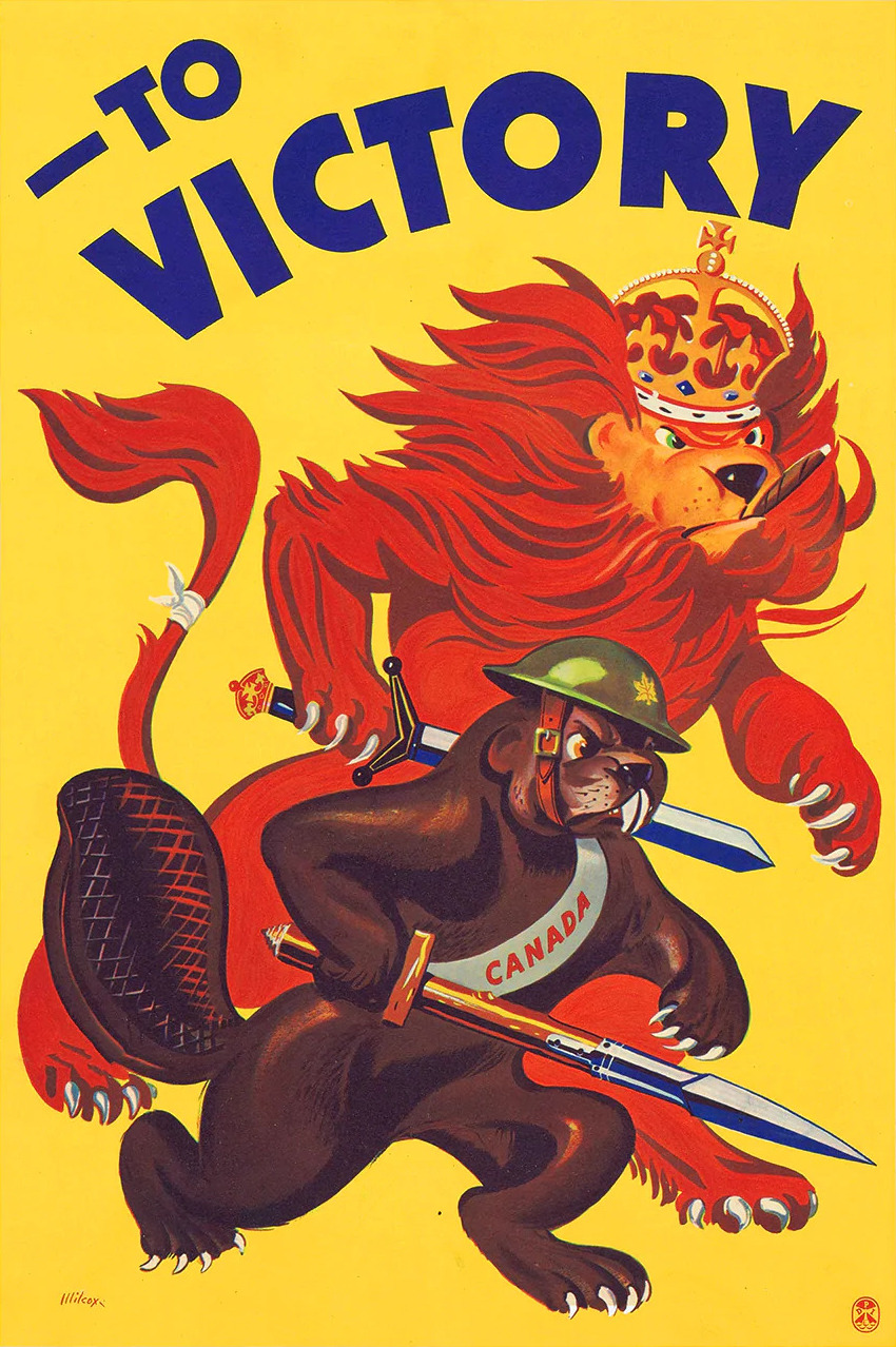 anthro armor biped brodie_helmet brown_body brown_fur buckteeth canada cigar crown duo fur great_britain headgear helmet mane melee_weapon military politics propaganda red_mane soldier sword teeth text united_kingdom warrior weapon world_war_2 unknown_artist beaver felid lion mammal pantherine rodent 1942 20th_century ancient_art english_text hi_res traditional_media_(artwork)