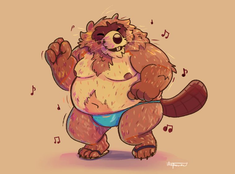 anthro belly big_belly brown_body brown_fur clothed clothing dancing eyes_closed fur male moobs musical_note musical_symbol navel nipples overweight overweight_male simple_background solo symbol tan_background topless topless_male underwear underwear_only aspenart beaver mammal rodent 2025
