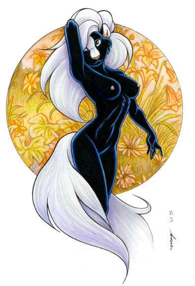 anthro black_body black_fur breasts brown_eyes female flower fur hair looking_at_viewer nipples nude plant solo white_body white_fur white_hair megan_giles mammal mephitid skunk striped_skunk 2011