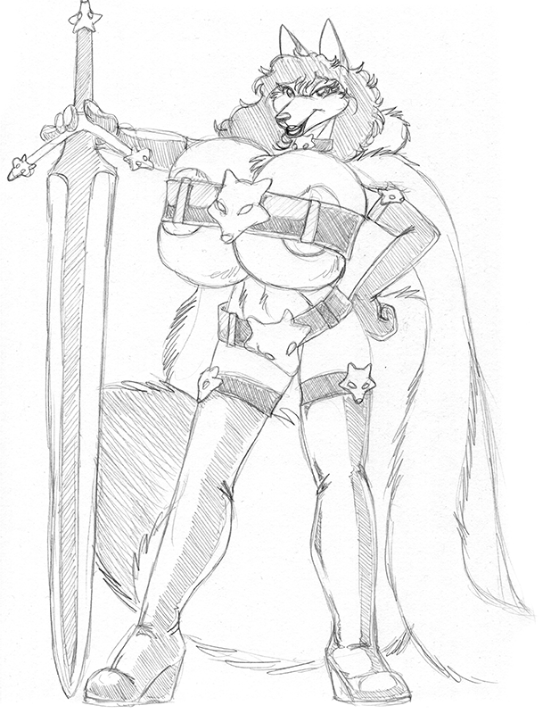 anthro armor armwear barely_contained belt belt_bra belted_breasts big_breasts bikini_armor boots breasts cape chest_tuft clothed clothing collar dipstick_tail elbow_gloves female fluffy fluffy_tail footwear gloves hand_on_hip handwear holding_melee_weapon holding_object holding_sword holding_weapon huge_breasts legwear looking_at_viewer markings melee_weapon multicolored_tail shoes simple_background skimpy smile solo sword tail tail_markings thigh_highs tuft unconvincing_armor weapon white_background wolfkidd chalenthra_vonic arctic_fox canid canine fox mammal true_fox monochrome sketch