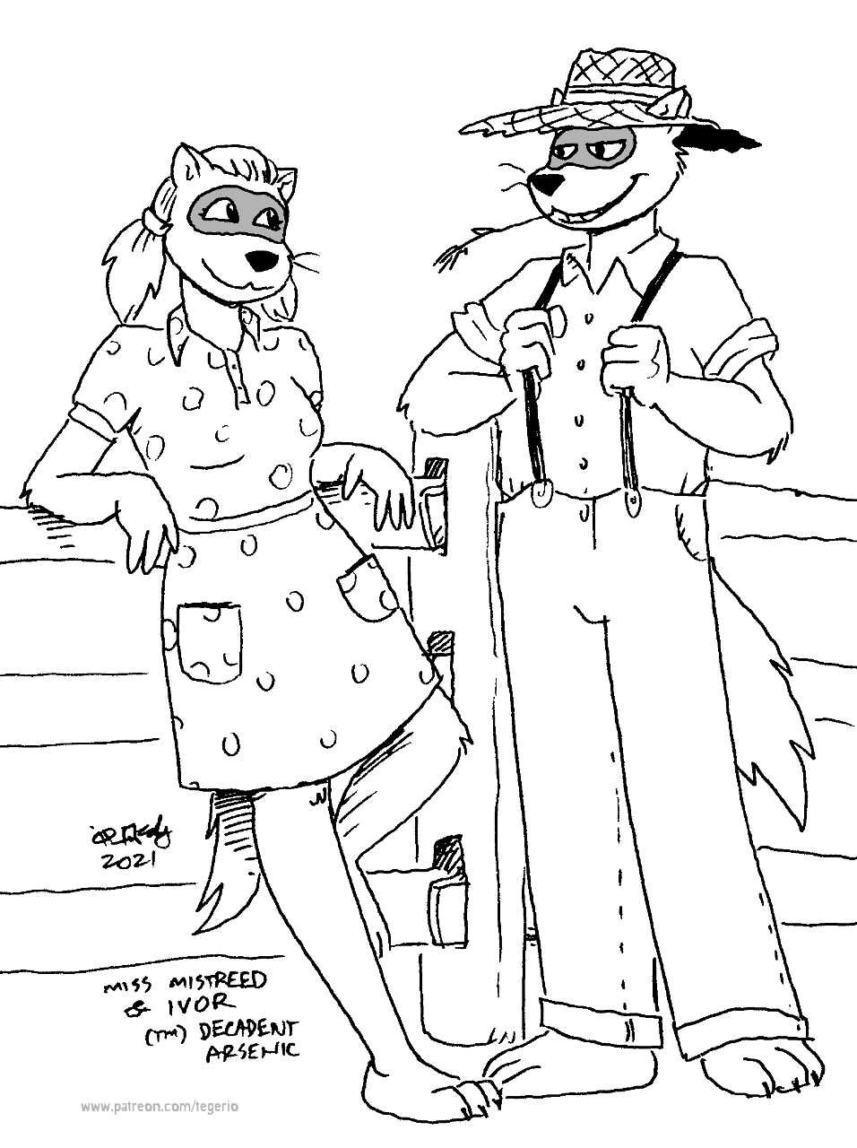 anthro bedroom_eyes clothed clothing dress duo female fence hat headgear headwear male male/female narrowed_eyes seductive whiskers tegerio ivor_haroldson leofhild_mistreed domestic_ferret mammal mustelid musteline true_musteline weasel 2021 greyscale hi_res monochrome