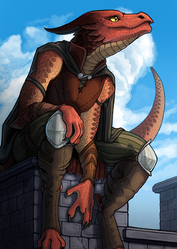 anthro armor castle claws cloak clothed clothing cloud crenelations detailed_background on_battlements outside smile solo topwear vambrace vest yellow_eyes maggock dungeons_and_dragons hasbro wizards_of_the_coast kobold reptile scalie