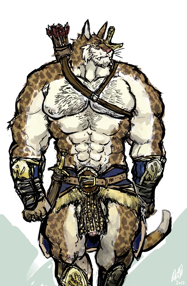 abs anthro armor balls biceps big_muscles body_hair bracers chest_hair clothing flaccid foreskin genitals huge_muscles humanoid_genitalia humanoid_penis ineffective_clothing male manly muscular muscular_anthro muscular_male obliques partially_retracted_foreskin pecs penis quads solo unconvincing_armor weapon aokamidu microsoft the_elder_scrolls felid khajiit mammal 2012