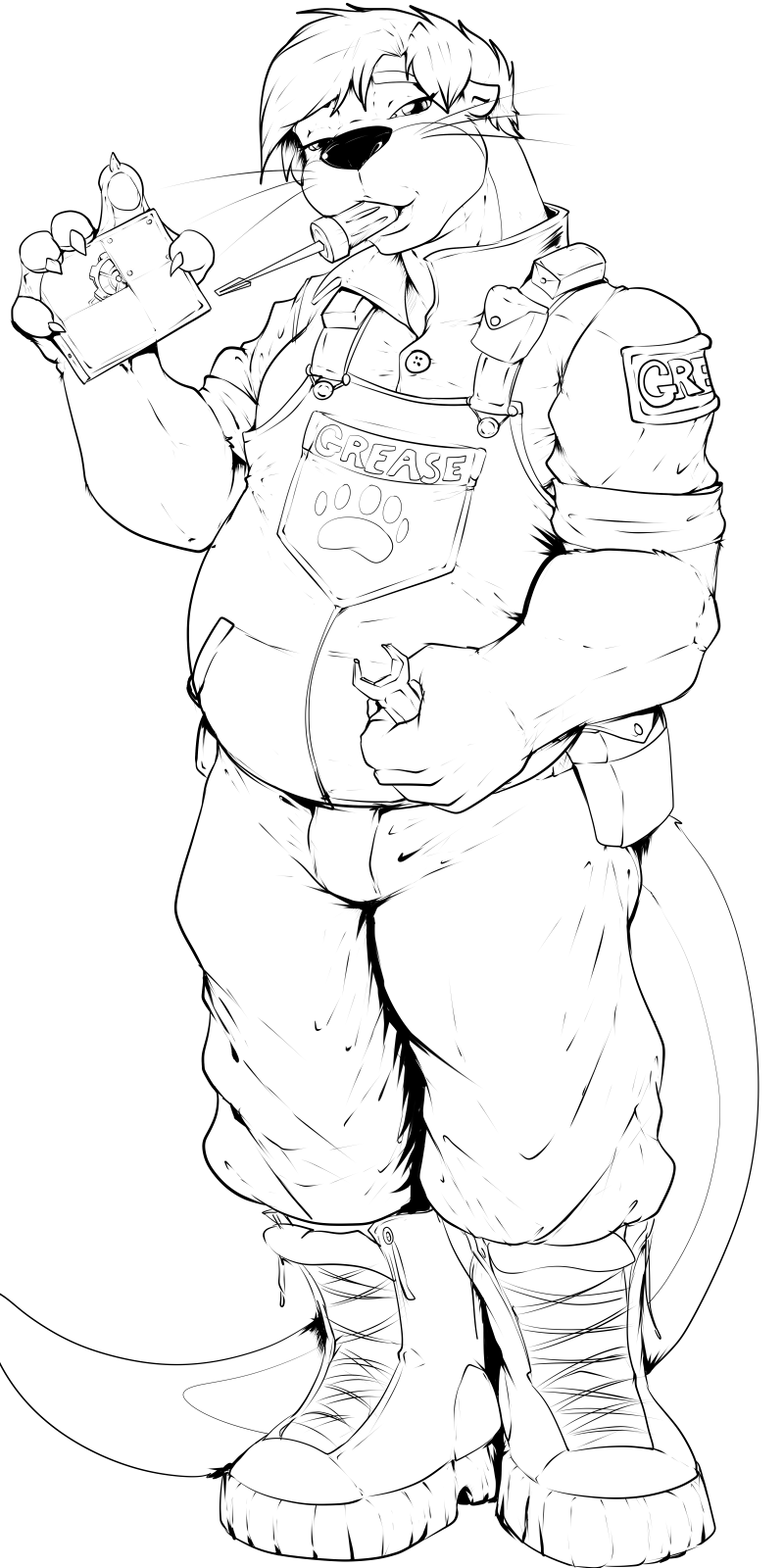 anthro belly boots bottomwear clothing footwear gear hair looking_at_viewer male otter_tail overalls pants screwdriver shoes solo text text_on_clothing tool_in_mouth tools wrench pandottermon mammal mustelid otter 1:2 hi_res monochrome