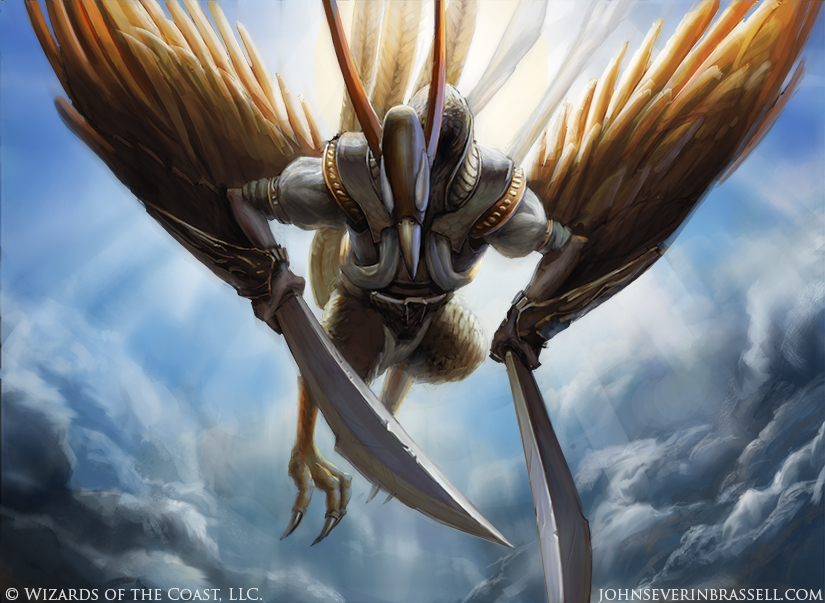 anthro armor backlighting beak bottomless clothed clothing day dual_wielding featureless_crotch feet flying front_view holding_object holding_weapon light outside saber sky skyscape solo talons text toes weapon winged_arms wings john_severin_brassell hasbro magic:_the_gathering wizards_of_the_coast aven avian bird lighting official_art signature url