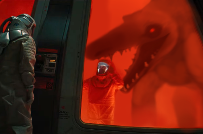 ambiguous_gender antediluvian armor clothed clothing door feral glass glowing glowing_eyes group hazmat_suit headgear helmet imminent_death male open_mouth quadruped red_background scales sharp_teeth simple_background size_difference teeth trapped trio wall_(structure) window aposematicsau jurassic_park jurassic_world jurassic_world:_rebirth universal_studios dinosaur human mammal megalosaurid megalosaurus prehistoric_species reptile scalie theropod draw_over