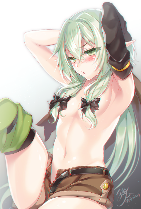 accessory blush bottomwear breasts clothed clothing convenient_censorship eyelashes female green_eyes green_hair hair hair_accessory hair_covering_breasts hair_ribbon humanoid_pointy_ears not_furry pointy_ears ribbons shorts small_breasts solo topless piyoizm goblin_slayer high_elf_archer_(goblin_slayer) elf humanoid 2018