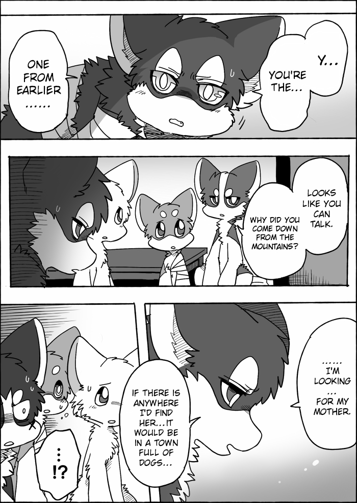 feral group semi-anthro text ayaka a-chan fuuga kyappy mashiro shibeta canid canine canis domestic_dog husky hybrid mammal nordic_sled_dog shiba_inu spitz wolfdog comic english_text monochrome
