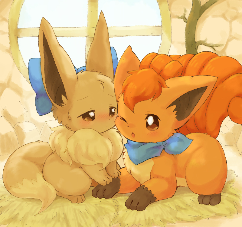 accessory ambiguous_gender blush bow_(feature) bow_accessory bow_ribbon duo feral fur hair_accessory hair_bow hair_ribbon hay multi_tail ribbons scarf tail syationthecop nintendo pokemon pokemon_mystery_dungeon spike_chunsoft canid canine eevee generation_1_pokemon mammal pokemon_(species) vulpix