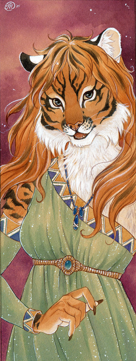 anthro blue_eyes claws clothed clothing dress female fur hair long_hair looking_at_viewer open_mouth smile solo striped_body striped_fur stripes whiskers nekoart felid mammal pantherine tiger traditional_media_(artwork)