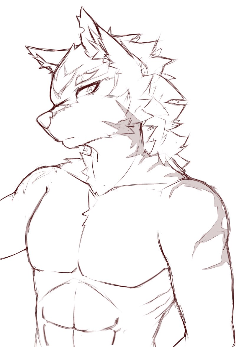 abs anthro biped clothed clothing ears_up eyebrows facial_scar fur inner_ear_fluff looking_at_viewer male mouth_closed muscular pupils ribs scar scar_on_shoulder simple_background slit_pupils solo topless tuft white_background juppi valhad_(juppi) canid canine canis mammal wolf monochrome sketch