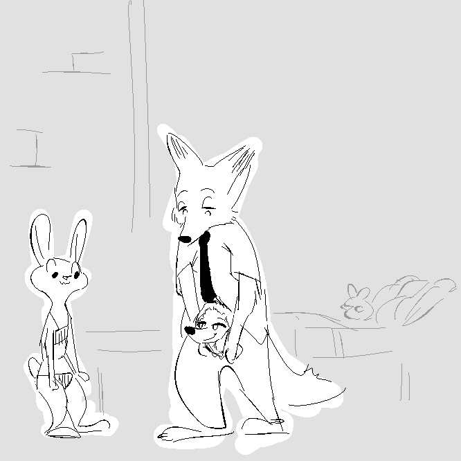 anthro bed black_nose bottomwear clothed clothing crotch_head eyebrows eyelashes female furniture group male necktie pants pillow shirt standing topwear underwear what replytoanons disney zootopia judy_hopps nick_wilde canid canine fox lagomorph leporid mammal rabbit red_fox true_fox 1:1 monochrome