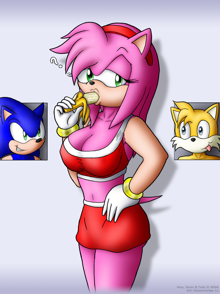 accessory anthro banana big_breasts blue_eyes blue_hair bottomwear breasts clothed clothing eating female food food_fetish fruit green_eyes group hair hair_accessory hairband male navel orange_hair pink_body pink_hair plant question_mark skimpy skirt suggestive suggestive_food tongue knownvortex sega sonic_the_hedgehog_(series) amy_rose miles_prower sonic_the_hedgehog canid canine eulipotyphlan fox hedgehog mammal