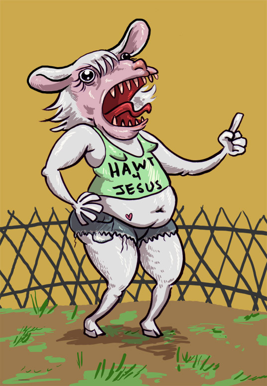 bottomwear chain-link_fence clothing denim denim_clothing female fence heart_symbol muffin_top navel open_mouth shirt shorts slightly_chubby solo topwear sickeleye bovid caprine domestic_sheep mammal sheep reaction_image