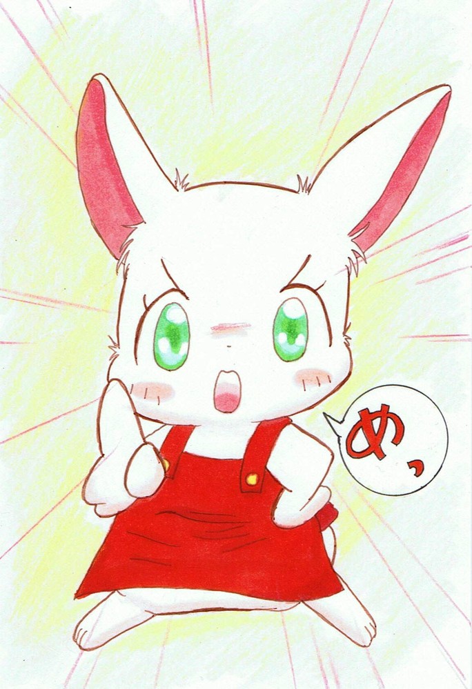 angry anthro apron clothing daww female fur green_eyes japanese mature_anthro mature_female scolding short_fur solo text white_body white_fur furari@ happy_happy_clover pixiv sayuri_tatsuyama clover's_mother_(happy_happy_clover) lagomorph leporid mammal rabbit translated