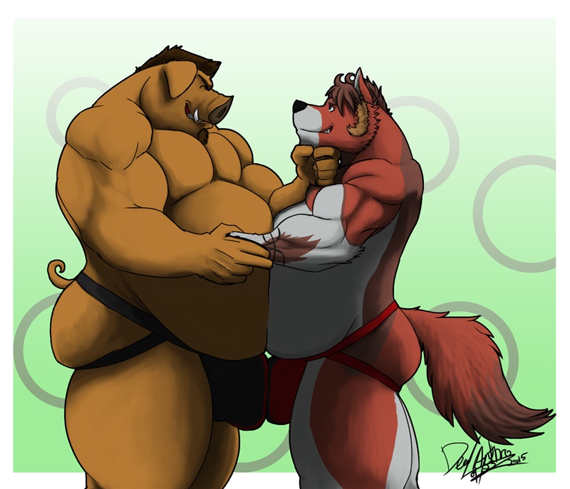 anthro barazoku belly clothing duo jockstrap male male/male muscular obese overweight romantic romantic_couple underwear deadanthro cleveartois93 luxordtimet jo_moz_(character) timet canid canine canis domestic_pig mammal suid suina sus_(pig) wolf