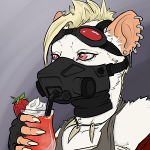 anthro drinking ear_piercing female gas_mask jewelry mask necklace piercing red_eyes solo shycryptid chemrat mammal murid murine rat rodent 1:1 low_res