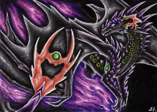 aceo ambiguous_gender black_background black_body black_wings electricity feral gem gold_(metal) gold_jewelry horn jewelry lightning membrane_(anatomy) membranous_wings nebula purple_spines simple_background solo tail_gem wings selianth mythology tyruvan dragon mythological_creature mythological_scalie scalie low_res