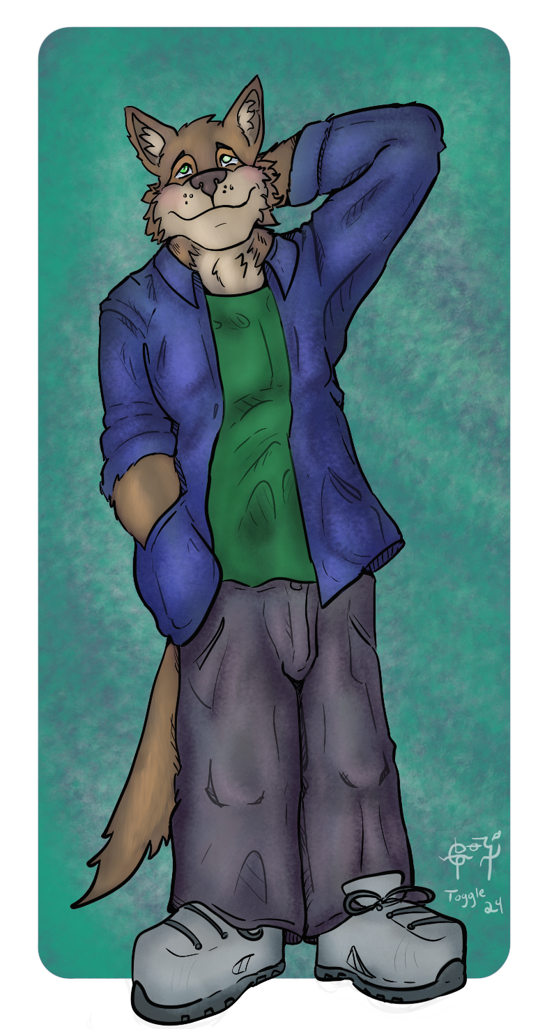 blush clothed clothing fully_clothed hand_in_pocket hands_behind_head looking_up pockets smile toggle_(artist) canid canine canis mammal wolf digital_drawing_(artwork) digital_media_(artwork) hi_res