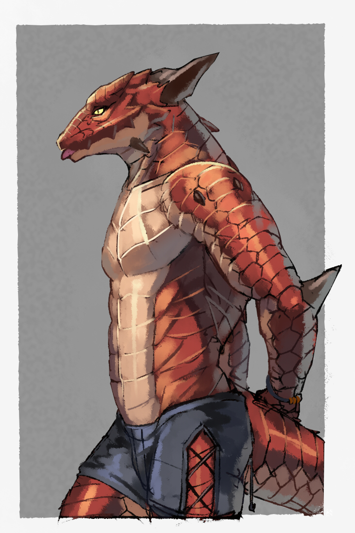 anthro blep bottomwear clothed clothing horn male shorts side_view solo tongue tongue_out topless topless_anthro topless_male inubikko garnid_zeke_(inubikko) scalie 2:3