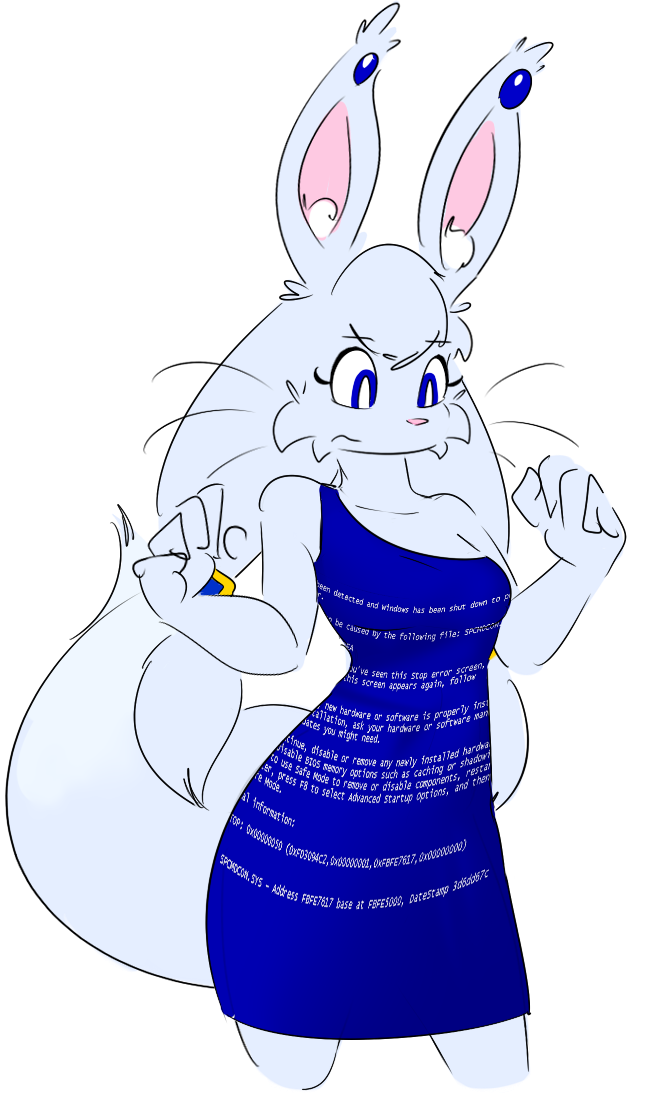 anthro biped blue_eyes blue_screen_of_death breasts clothed clothing dress ear_piercing female fully_clothed fur hair inner_ear_fluff jewelry long_ears piercing simple_background solo text transparent_background tuft whiskers white_body white_fur white_hair elpatrixf kriyu lagomorph leporid mammal rabbit 2016 alpha_channel blue_theme english_text